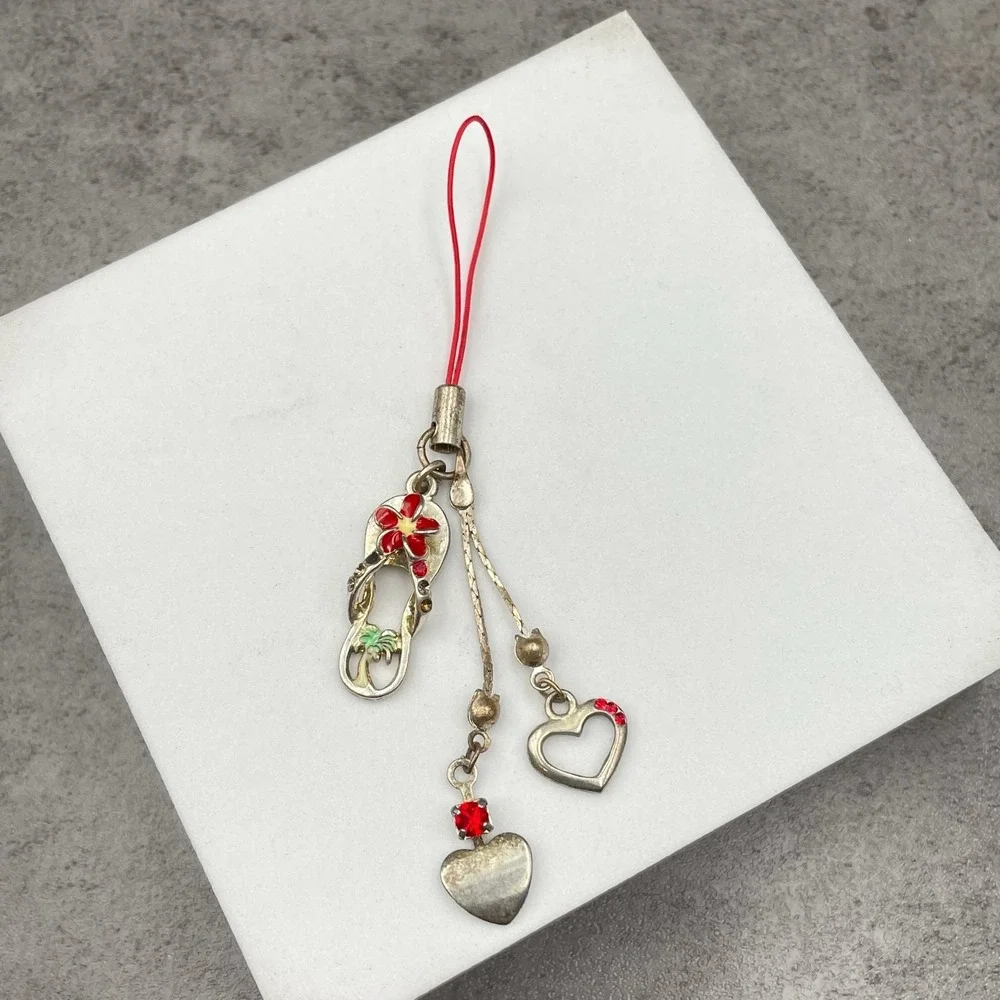 Y2K Silver-Tone Embellished Red Plumeria Flower Heart Dangle‎ Cell Phone Charm